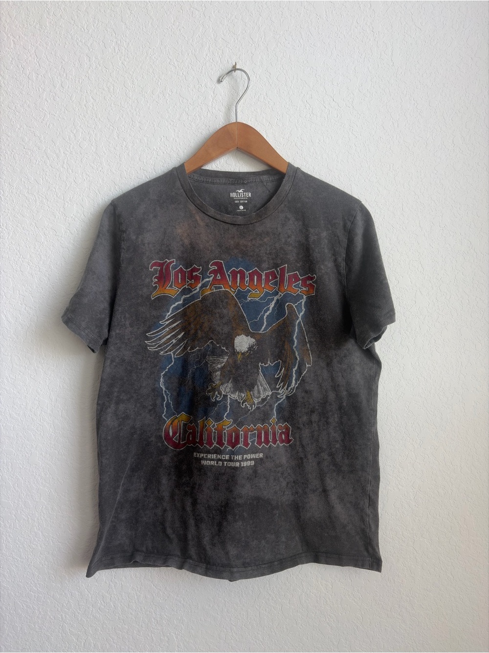 Hollister L Black Wash Graphic Eagle Tee with Red & Gold Accents